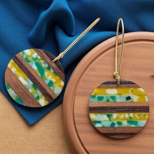 Boho Mosaic Wood & Resin Round Earrings 18K Gold Plated Alloy Hooks